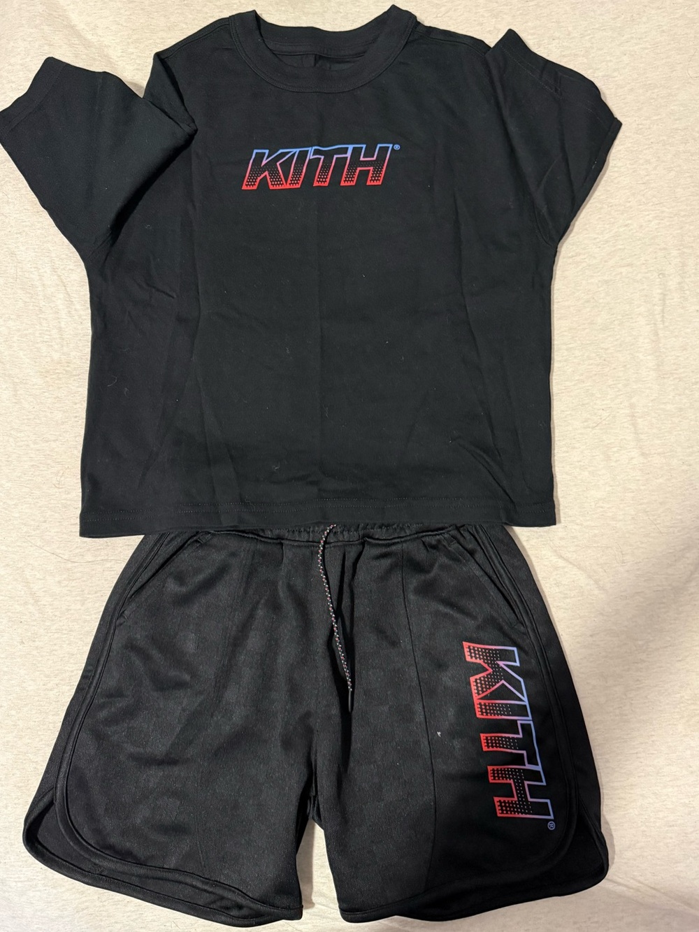 Kith Black Tee and Shorts Set with Red & Blue Logo